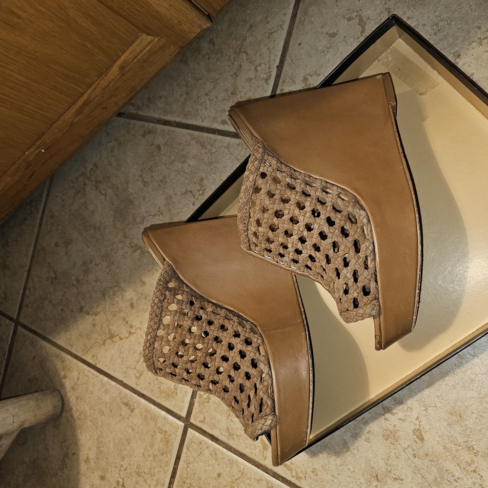 Badgley Mischka Brown Wedges with Chunky Heel and Intricate Cutout Design